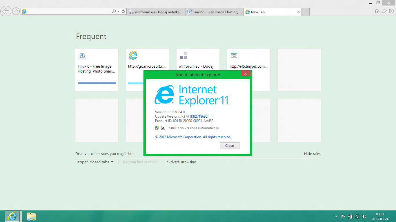 Internet Explorer 11 Frequent Sites and About Dialog (2013)